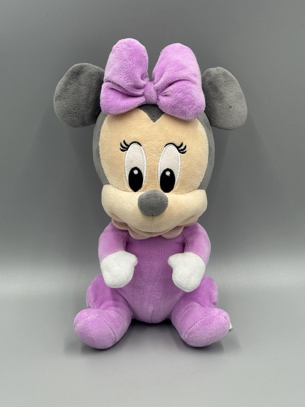 Disney Parks Babies Minnie Mouse Baby Plush 10” Pastel Purple Bow & Gray
